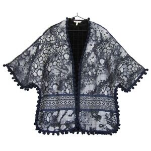 Soft Surroundings Kimono Jacket Womens L/XL Blue Quilted Pom Pom Boho Good